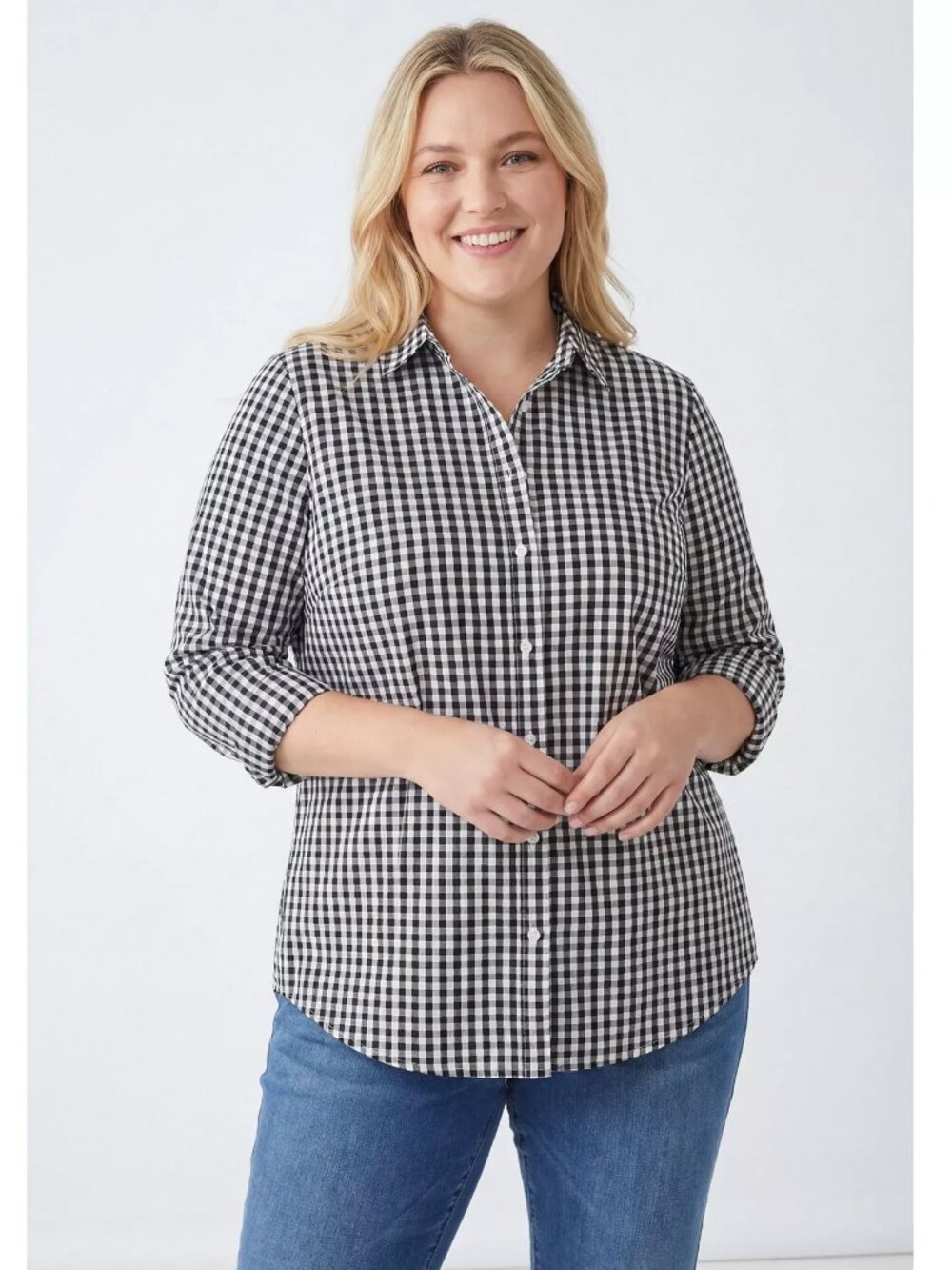 Woman Within Perfect Long Sleeve Button Down Black and White Gingham Sz 18/20 2x - Picture 2 of 4